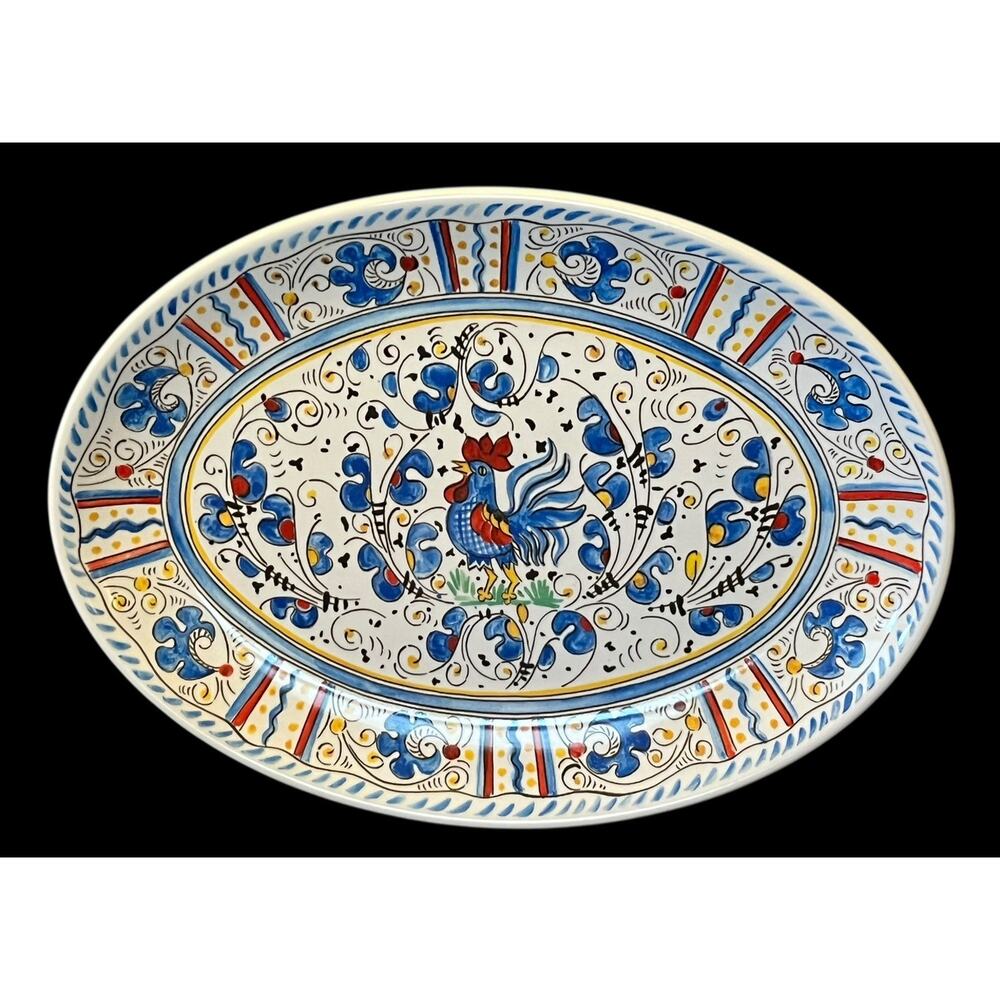 Le Cadeaux Melamine Gallo Blue Rooster 9” x 12" Oval Serving Platter Coupe Plate